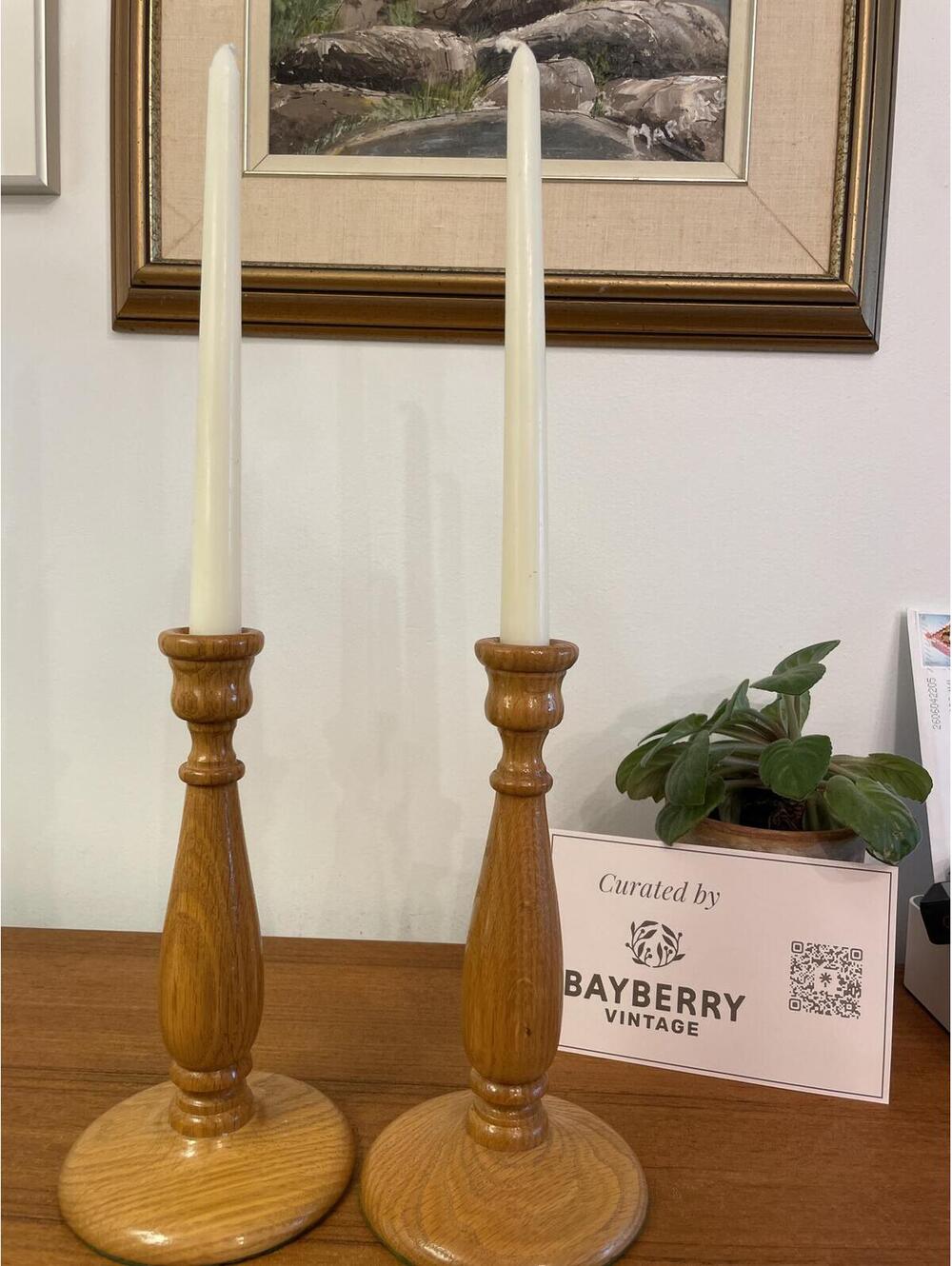 Vintage Pair Turned Wood Taper Candlestick Holders, Set of 2, Excellent Cond.